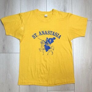 Vintage Size M 80s St Anastasia Single Stitch Graphic T Shirt Yellow USA Trashed
